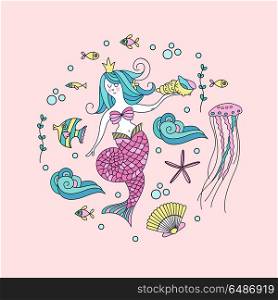 Mermaid, mythological creature. Surrounded by sea fish, shells,. Mermaid, mythological creature. Surrounded by sea fish, shells, jellyfish. Vector illustration. Isolated on a white background.