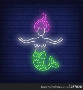 Mermaid neon sign. Topless girl with tail. Glowing banner or billboard elements. Vector illustration in neon style for posters, flyers, signboards