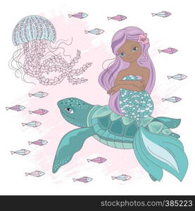 MERMAID ON TURTLE Underwater Princess Vector Illustration Set