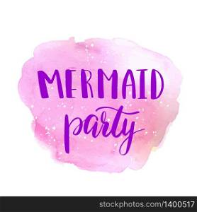 Mermaid party invitation card for little girl. Holographic fish scales background and lettering phrase. Cute invitation. Vector illustration.