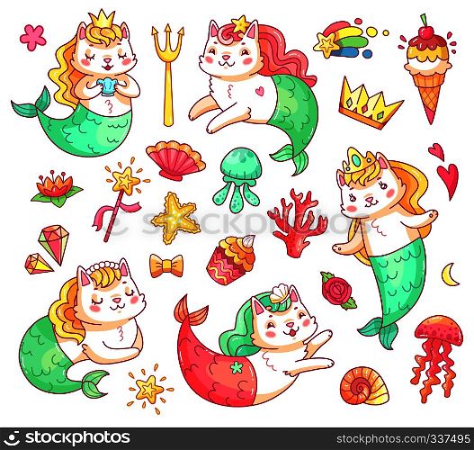 Mermaid princess kitty cat cartoon characters. Colorful underwater sweet cute magic fairy cats mermaids vector illustration set. Mermaid kitty cat cartoon characters. Underwater cats mermaids vector set