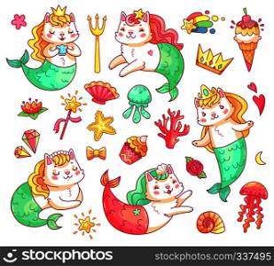Mermaid princess kitty cat cartoon characters. Colorful underwater sweet cute magic fairy cats mermaids vector illustration set. Mermaid kitty cat cartoon characters. Underwater cats mermaids vector set