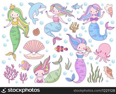 Mermaid. Sea world little mermaids, cute mythical princess and dolphin, seashell and seaweeds, fishes for print books, game or inviting card vector nautical characters. Mermaid. Sea world little mermaids, cute mythical princess and dolphin, seashell and seaweeds, fishes for print books, game vector characters