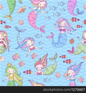 Mermaid seamless pattern. Cute little mermaids and underwater world design for wallpaper, fabric print, children book, fashion clothes vector texture. Mermaid seamless pattern. Cute little mermaids and underwater world design for wallpaper, fabric print, children book, fashion vector texture