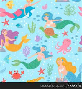 Mermaid seamless pattern. Fairytale princesses and sea creatures underwater world design for wallpaper, fabric print fashion vector texture. Marine life with turtle, octopus, crab and starfish. Mermaid seamless pattern. Fairytale princesses and sea creatures underwater world design for wallpaper, fabric print fashion vector texture