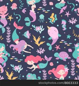 Mermaid seamless pattern. Narwhal and turtle, cartoon cat with fish tail. Cute sea creature, fabric print with beautiful mythical creatures, nowaday vector background. Mermaid pattern seamless. Mermaid seamless pattern. Narwhal and turtle, cartoon cat with fish tail. Cute sea creature, fabric print with beautiful mythical creatures, nowaday vector background