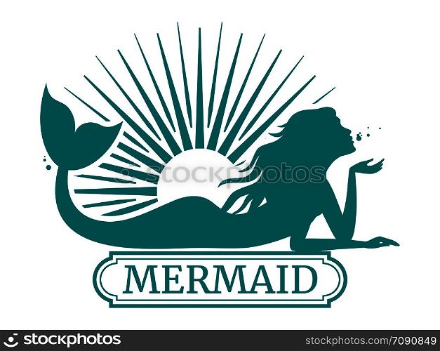 Mermaid silhouette and sun label design isolated on white. Vector illustration. Mermaid silhouette and sun label design