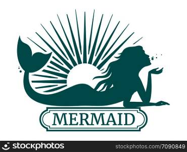 Mermaid silhouette and sun label design isolated on white. Vector illustration. Mermaid silhouette and sun label design