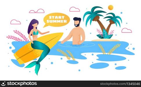 Mermaid Surfing and Man Swim in Sea Flat Metaphor Cartoon. Male Character Resting on Tropical Beach and Meeting Beautiful Siren on Surfboard. Summer Vacation. Vector Magic, Fairy Tail Illustration. Mermaid Surfing and Man Swim in Sea Flat Cartoon