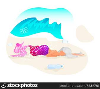 Mermaid trapped in fishnet flat concept icon. Dead fantasy creature on beach sticker, clipart. Plastic pollution in ocean problem. Nature damage. Isolated cartoon illustration on white background. Mermaid trapped in fishnet flat concept icon