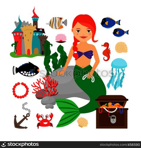 Mermaid vector illustration. Cute mermaid with marine life. Cute mermaid with marine life