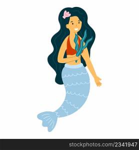 Mermaid with beautiful smile. Cute doodle illustration. Princess for girl. Hero of book.