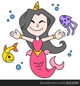 mermaid with cheerful face playing with sea animal fish and jellyfish