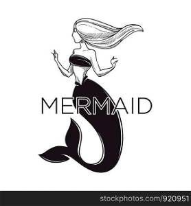 Mermaid with long floating light hair, titled sketch poster design, monochrome flat concept vector illustration on white background. Light haired mermaid graphic sketch art with text