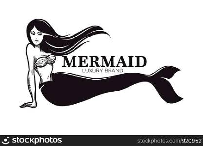Mermaid woman with long fish tail monochrome sketch outline vector. Fantasy female animal, marine creature with shells, sea water dweller. Mythical lady living underwater, legendary handdrawn girl. Mermaid woman with long fish tail monochrome sketch outline