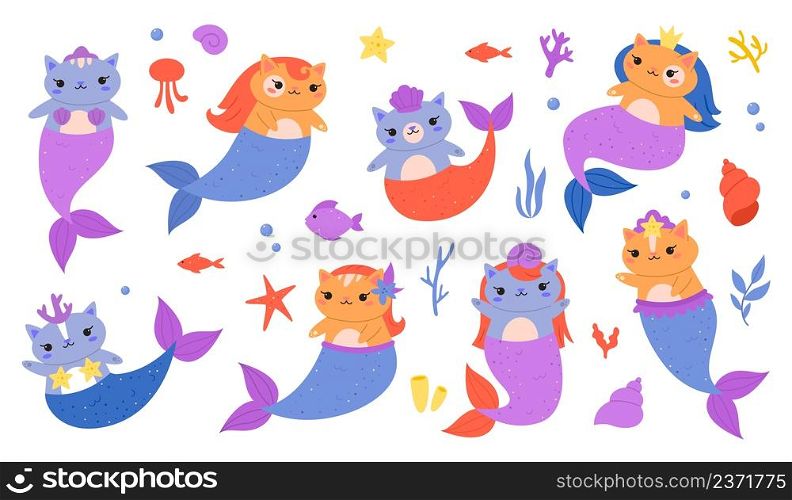 Mermaids cats. Little funny kittens with fish tails and scales, cute fairy ocean creatures, underwater magic fauna, colorful sea animals, girly doodle stickers collection, vector cartoon isolated set. Mermaids cats. Little funny kittens with fish tails and scales, cute fairy ocean creatures, underwater magic fauna, colorful sea animals, girly doodle stickers collection