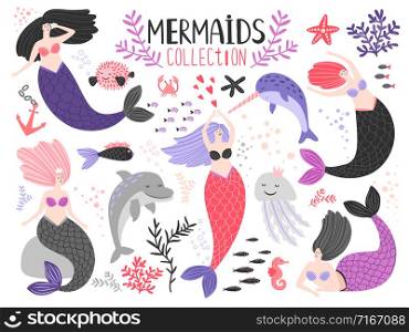 Mermaids collection. Underwater sea mermaid girls from fairytale with algae and corals, dolphin and jellyfish vector illustration. Mermaid girls collection