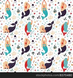 Mermaids seamless background. Seamless pattern with mermaids and marine animals. Vector illustration. Seamless pattern with mermaids and marine life