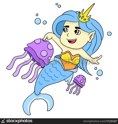 mermaids swim with jellyfish. cartoon illustration cute sticker