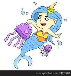 mermaids swim with jellyfish. cartoon illustration cute sticker