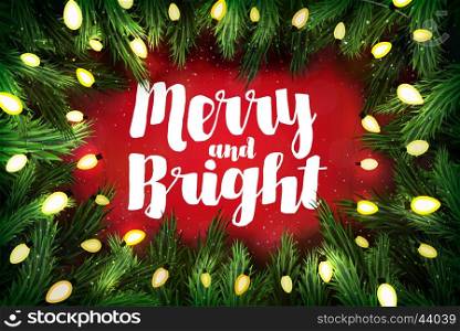 Merry and Bright Christmas greeting card with pine wreath and holiday greetings on red