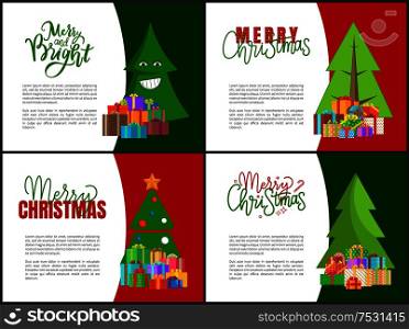 Merry and bright emoji tree, Christmas postcards with green Xmas spruces with cones, gifts in decorative paper. Lettering inscriptions of happy New Year. Merry Christmas Postcards with Green Xmas Trees