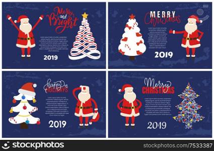 Merry and bright greeting card with Santa holding hands up. Vector abstract spruces, topped by star. Christmas and New Year 2019 postcard, Xmas tree. Merry Bright Greeting Card Santa Holding Hands Up