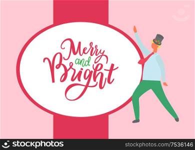 Merry and Bright greetings from man dressed in hat decorated by mistletoe berries and leaves. Drunk guy in high cap celebrating Christmas or New Year. Merry and Bright Greetings From Man Dressed in Hat