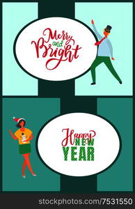 Merry and bright holidays, happy New Year postcard with people. Christmas party celebration, man dancing, woman in Santa Claus hat, cartoon style.. Merry and Bright Holidays, Happy New Year Postcard