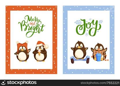 Merry and bright joy posters with greetings, vector. Animals wearing warm hat and scarf, opening present from boxes, bird riding on board wheels. Merry and Bright Joy Posters with Greeting Set