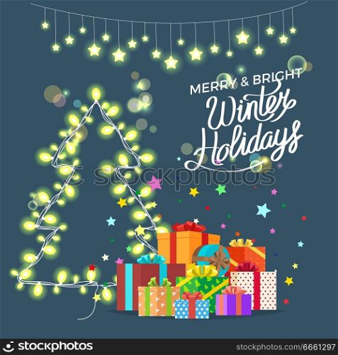Merry and bright winter holidays wish on colorful postcard with garlands, Christmas tree and presents. Vector illustration of congratulation on dark background. Merry & Bright Winter Holidays Vector Illustration