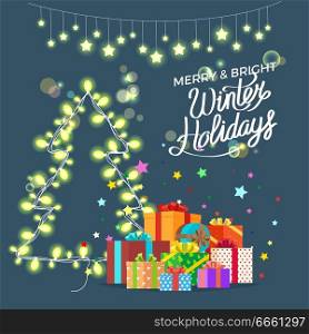 Merry and bright winter holidays wish on colorful postcard with garlands, Christmas tree and presents. Vector illustration of congratulation on dark background. Merry & Bright Winter Holidays Vector Illustration