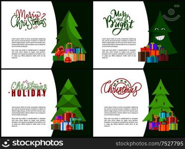 Merry and bright wishes on Xmas holidays greeting cards. Piles of wrapped presents packed in boxes, heap of gifts vector. Evergreen Xmas trees and packages. Merry Bright Wishes Xmas Holidays Greeting Cards