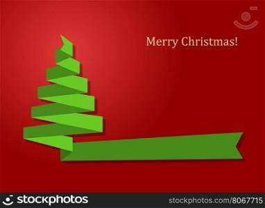 merry chrismas card with green ribbon as xmas tree on red background vector illustration