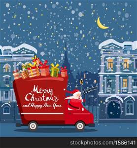 Merry Chrismas Santa Claus Van delivering gifts background night winter old city. Merry Chrismas Santa Claus Van delivering gifts background night winter old city. Flat cartoon style vector illustration greeting card poster banner