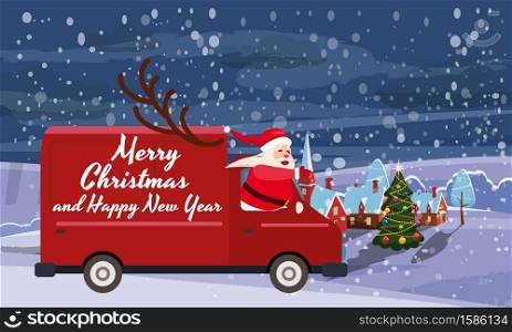 Merry Chrismas Santa Claus Van delivering gifts background night winter town village. Merry Chrismas Santa Claus Van delivering gifts background night winter town village. Flat cartoon style vector illustration greeting card poster banner