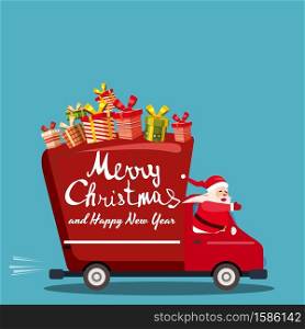 Merry Chrismas Santa Claus Van delivering gifts. Merry Chrismas Santa Claus Van delivering gifts. Flat cartoon style vector illustration greeting card poster banner