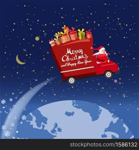 Merry Chrismas Santa Claus Van flies through the night sky above the Earth delivering gifts. Merry Chrismas Santa Claus Van flies through the night sky above the Earth delivering gifts. Flat cartoon style vector illustration greeting card poster banner