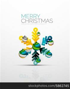 Merry Chrismas snowflake decorated with balls, holiday concept symbol. Element of greeting card.