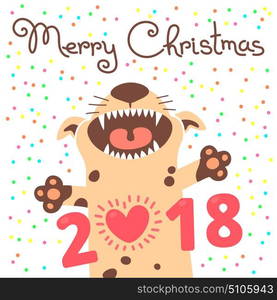 Merry Christmas 2018 card with dog. Funny puppy congratulates on holiday. Colored postcard in the cartoon style.. Merry Christmas 2018 card with dog. Funny puppy congratulates on holiday. Colored postcard in the cartoon style. Vector illustration.