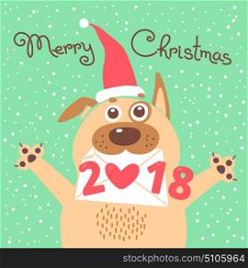 Merry Christmas 2018 card with dog. Funny puppy congratulates on holiday. Colored postcard in the cartoon style.. Merry Christmas 2018 card with dog. Funny puppy congratulates on holiday. Colored postcard in the cartoon style. Vector illustration.