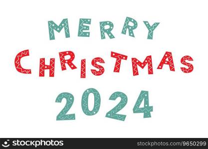Merry Christmas 2024 lettering blue and red in cut paper and scrapbooking style with New Years Christmas ornament, winter design element.