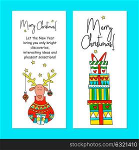 Merry Christmas! A set of Christmas cards. Vector illustration. Cute deer with gifts. Deer antler decorated with Christmas decorations and colorful light bulbs. Colored boxes with gifts.