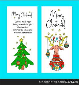 Merry Christmas! A set of Christmas cards. Vector illustration. Cute deer with gifts. Deer antler decorated with Christmas decorations and colorful light bulbs. Christmas tree hand drawn.