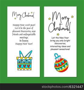 Merry Christmas! A set of greeting cards. Text greetings to your family and friends. Vector linear illustration. A holiday gift box and Christmas decoration.