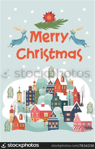 Merry Christmas. A small snow covered city. Christmas greeting card. Vector illustration.. Merry Christmas. Christmas greeting card. Vector illustration.