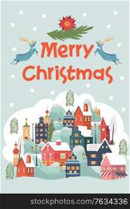 Merry Christmas. A small snow covered city. Christmas greeting card. Vector illustration.. Merry Christmas. Christmas greeting card. Vector illustration.