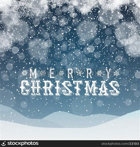 Merry Christmas Abstract Background. Blue snowdrifts and night sky. Snowfall