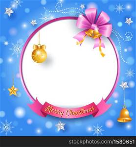 Merry Christmas an Happy New Year blue background decorated with pink golden bow and ornaments on frame.