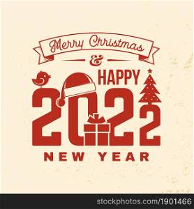 Merry Christmas and 2022 Happy New Year stamp, sticker set with snowflakes, hanging christmas ball, santa hat, candy. Vector. Vintage typography design for xmas, new year emblem in retro style.. Merry Christmas and 2022 Happy New Year stamp, sticker set with snowflakes, hanging christmas ball, santa hat, candy. Vector Vintage typography design for xmas, new year emblem in retro style.